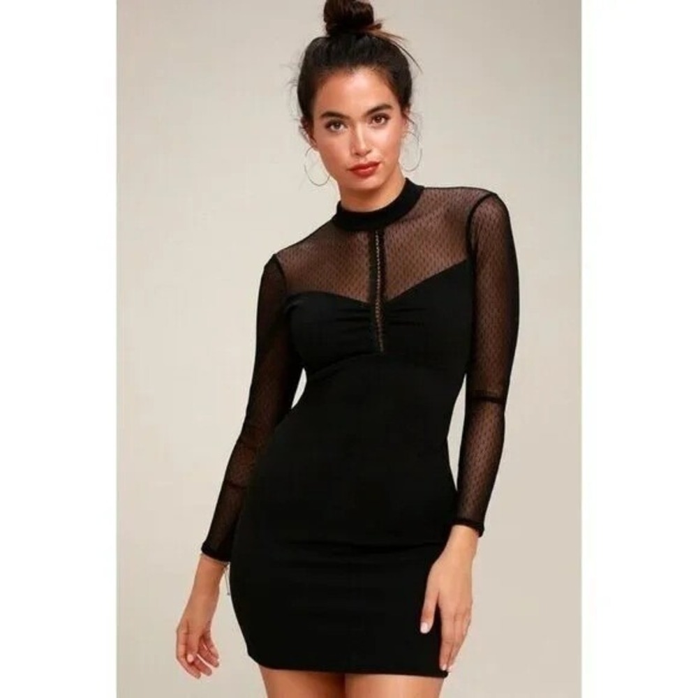 Lulus Sorry Not Soiree Black Mesh Long Sleeve Bodycon Dress Size‎ S Mini LBD